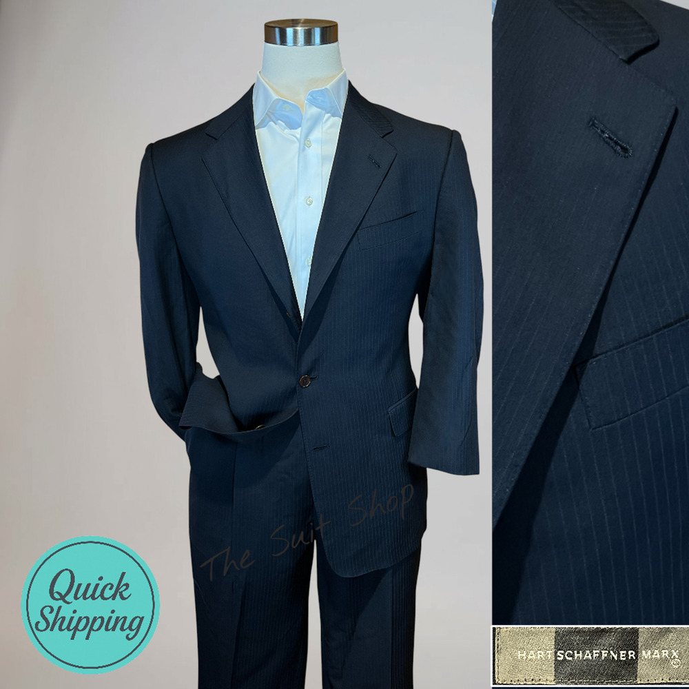 Hart Schaffner Marx 44R 36x29 Blue Tonal Stripe Suit 3/2 Roll Short Arms